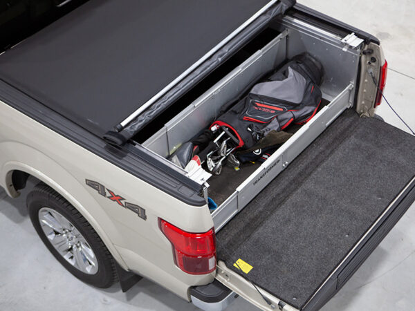 tonneau cover and sliding drawer with golf clubs